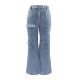 WomenHigh Waist Baggy Jeans Washed Flap Big Pocket Straight Wide Leg Denim Pants Streetwear
